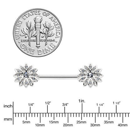 14G 9/16 Clear Gem Rococo Starry Flower Barbell Nipple Ring Set