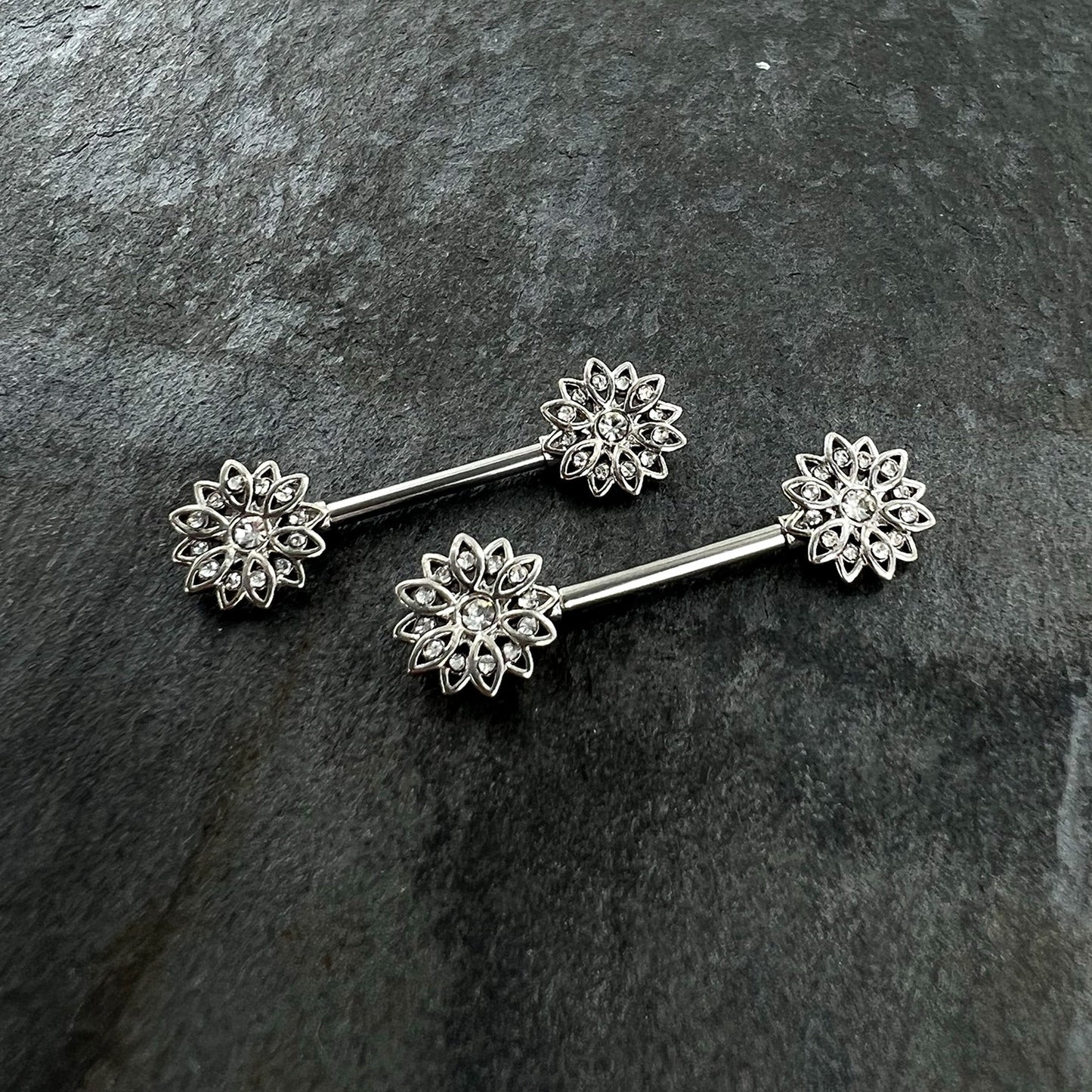 14G 9/16 Clear Gem Rococo Starry Flower Barbell Nipple Ring Set