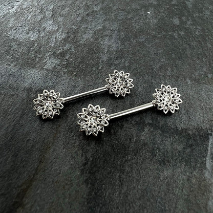14G 9/16 Clear Gem Rococo Starry Flower Barbell Nipple Ring Set