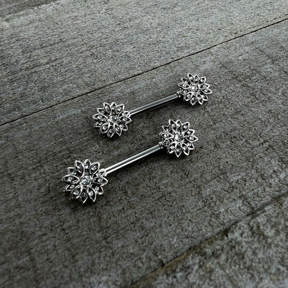 14G 9/16 Clear Gem Rococo Starry Flower Barbell Nipple Ring Set