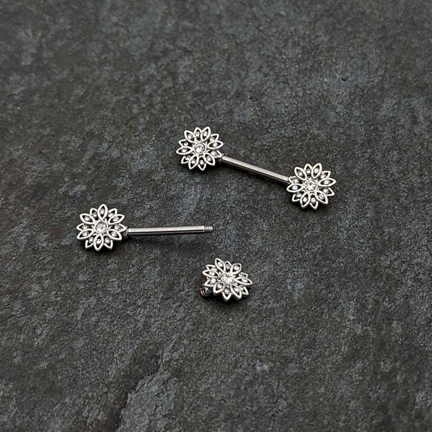 14G 9/16 Clear Gem Rococo Starry Flower Barbell Nipple Ring Set