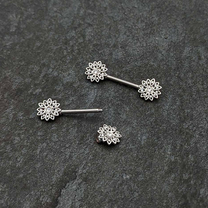 14G 9/16 Clear Gem Rococo Starry Flower Barbell Nipple Ring Set