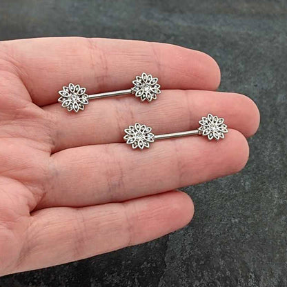 14G 9/16 Clear Gem Rococo Starry Flower Barbell Nipple Ring Set