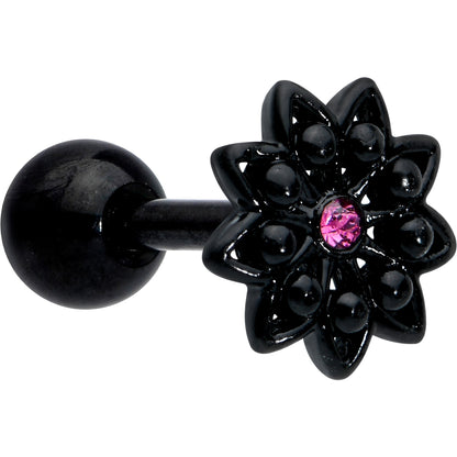16G 1/4 Pink Gem Black Midnight Flower Cartilage Tragus Earring