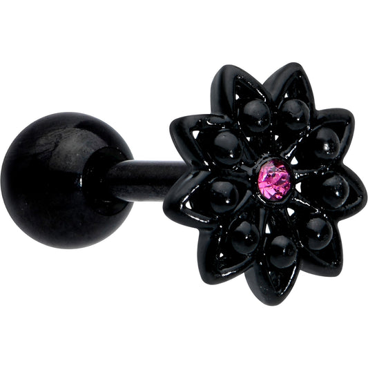 16G 1/4 Pink Gem Black Midnight Flower Cartilage Tragus Earring