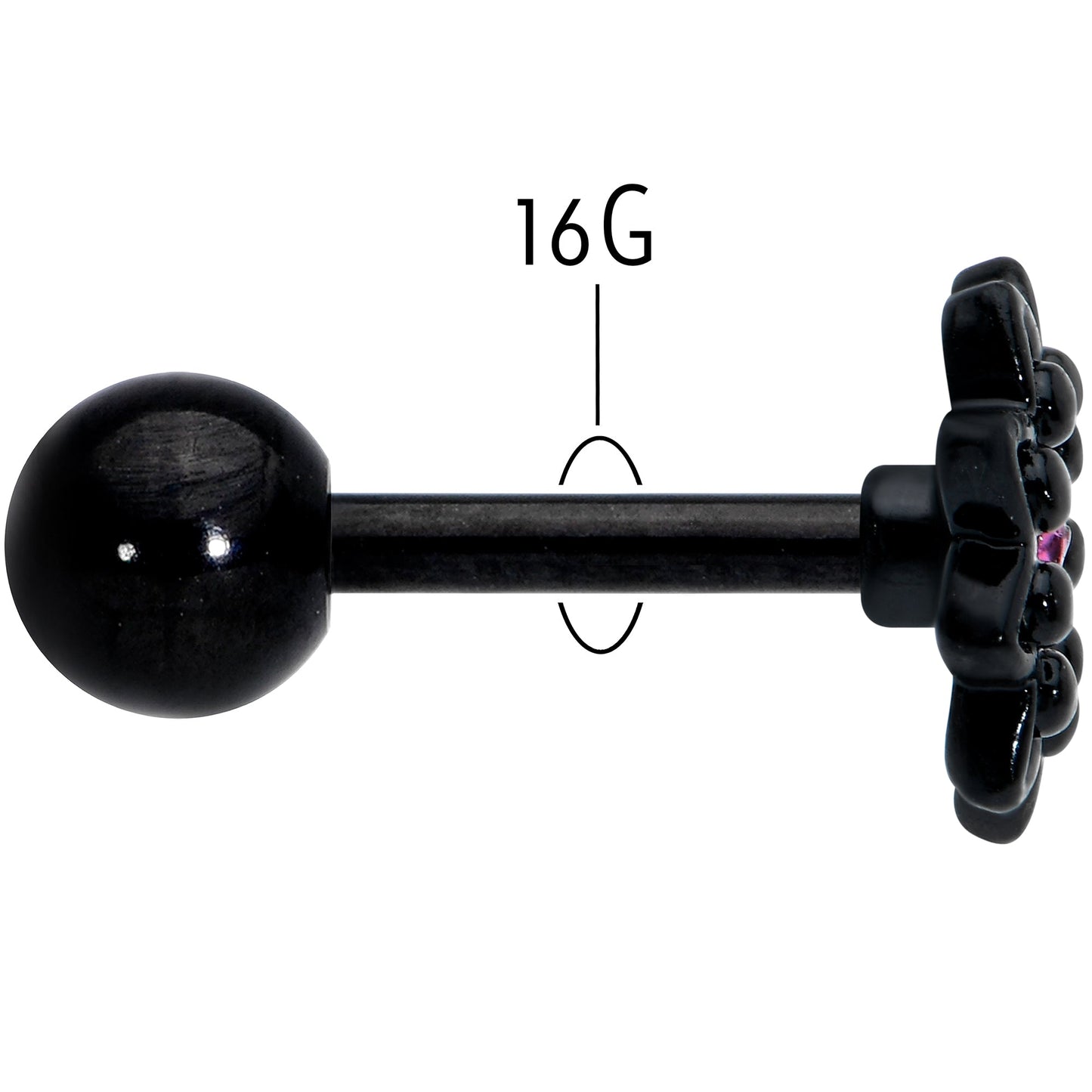 16G 1/4 Pink Gem Black Midnight Flower Cartilage Tragus Earring