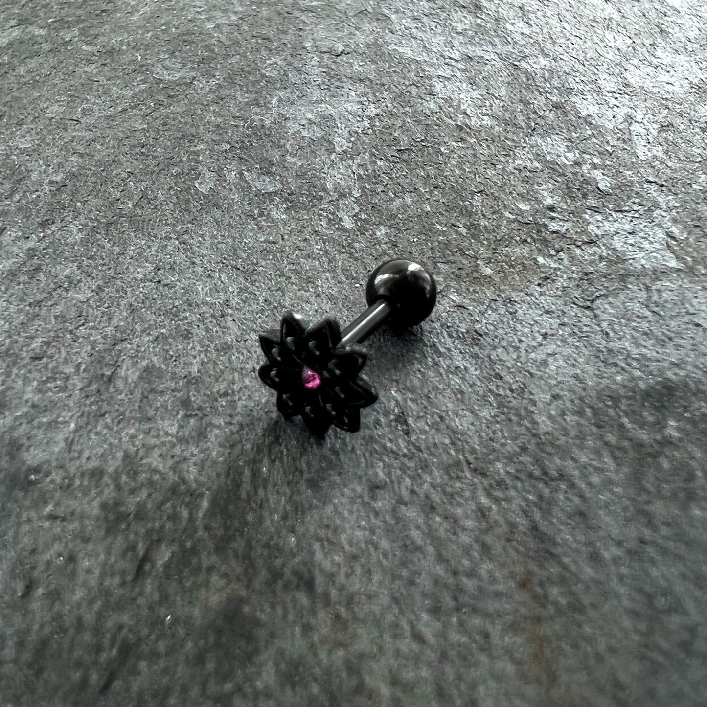 16G 1/4 Pink Gem Black Midnight Flower Cartilage Tragus Earring