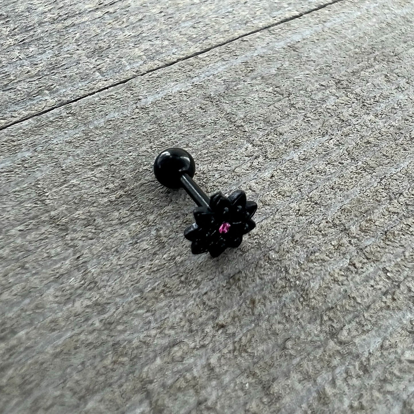 16G 1/4 Pink Gem Black Midnight Flower Cartilage Tragus Earring