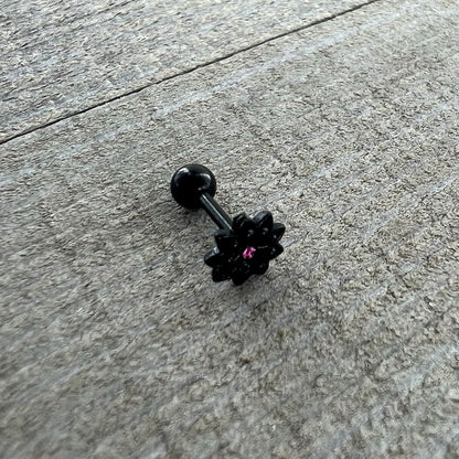 16G 1/4 Pink Gem Black Midnight Flower Cartilage Tragus Earring