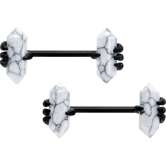 14G 9/16 White Howlite Black Claw Barbell Nipple Ring Set