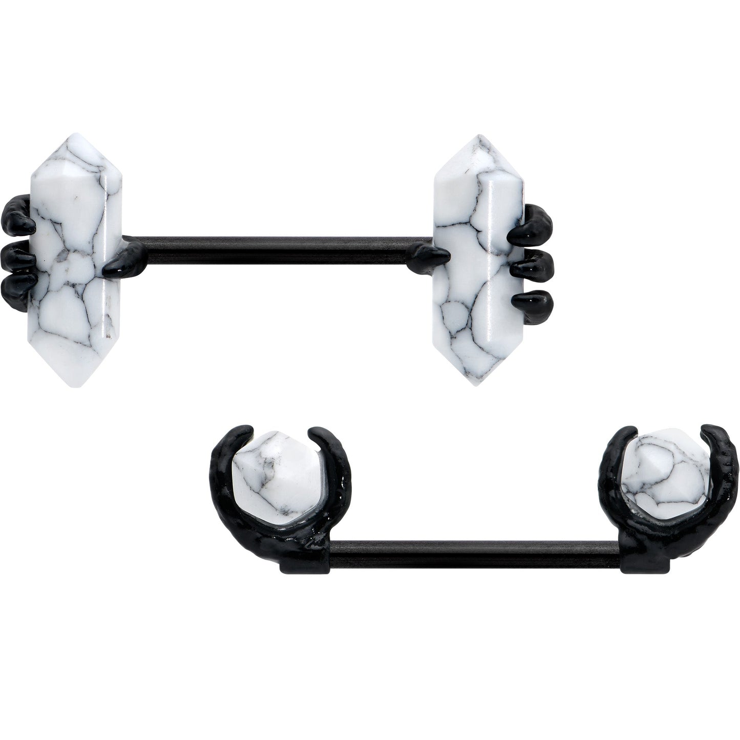 14G 9/16 White Howlite Black Claw Barbell Nipple Ring Set