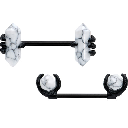 14G 9/16 White Howlite Black Claw Barbell Nipple Ring Set