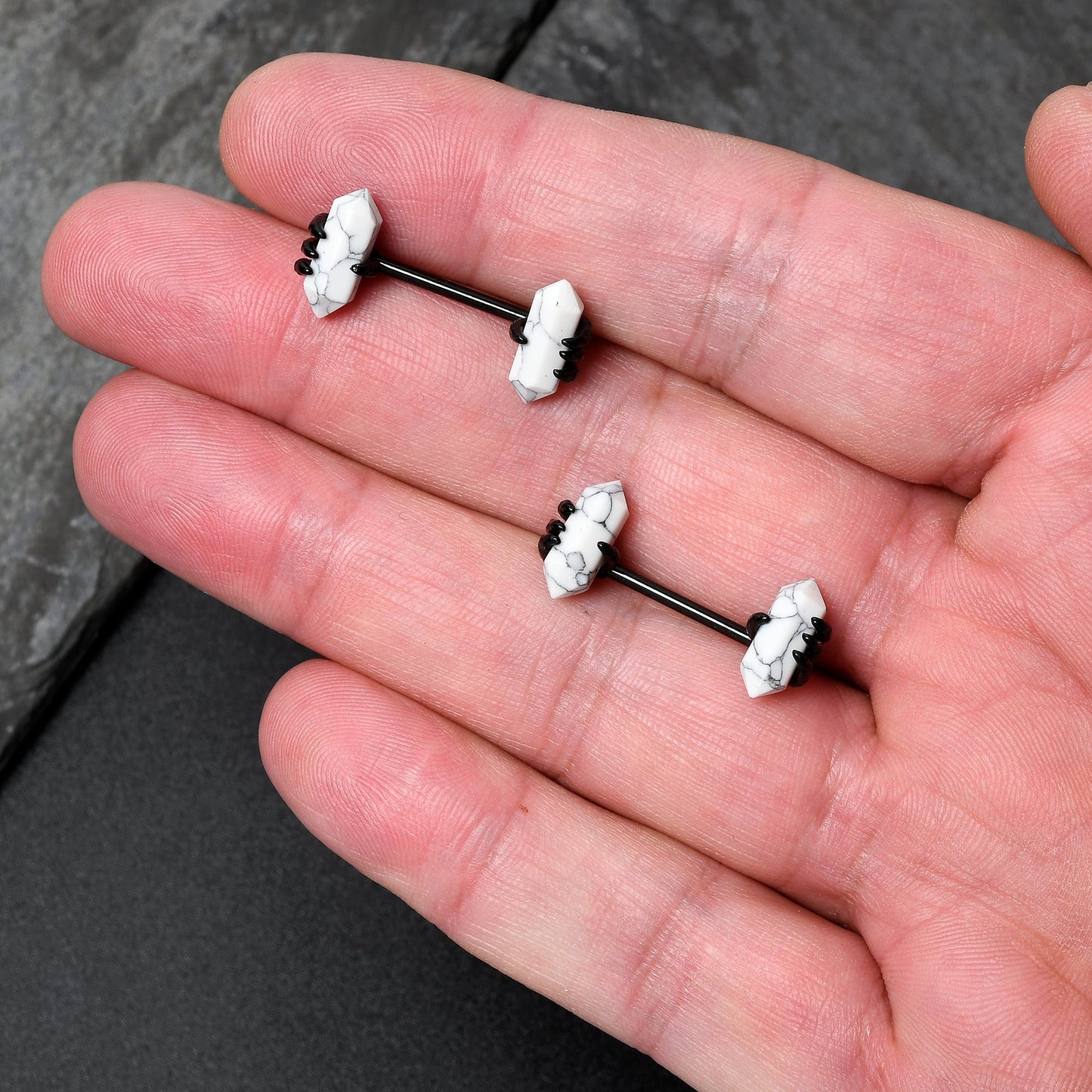 14G 9/16 White Howlite Black Claw Barbell Nipple Ring Set