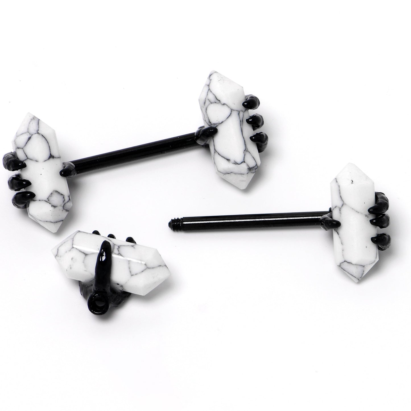 14G 9/16 White Howlite Black Claw Barbell Nipple Ring Set