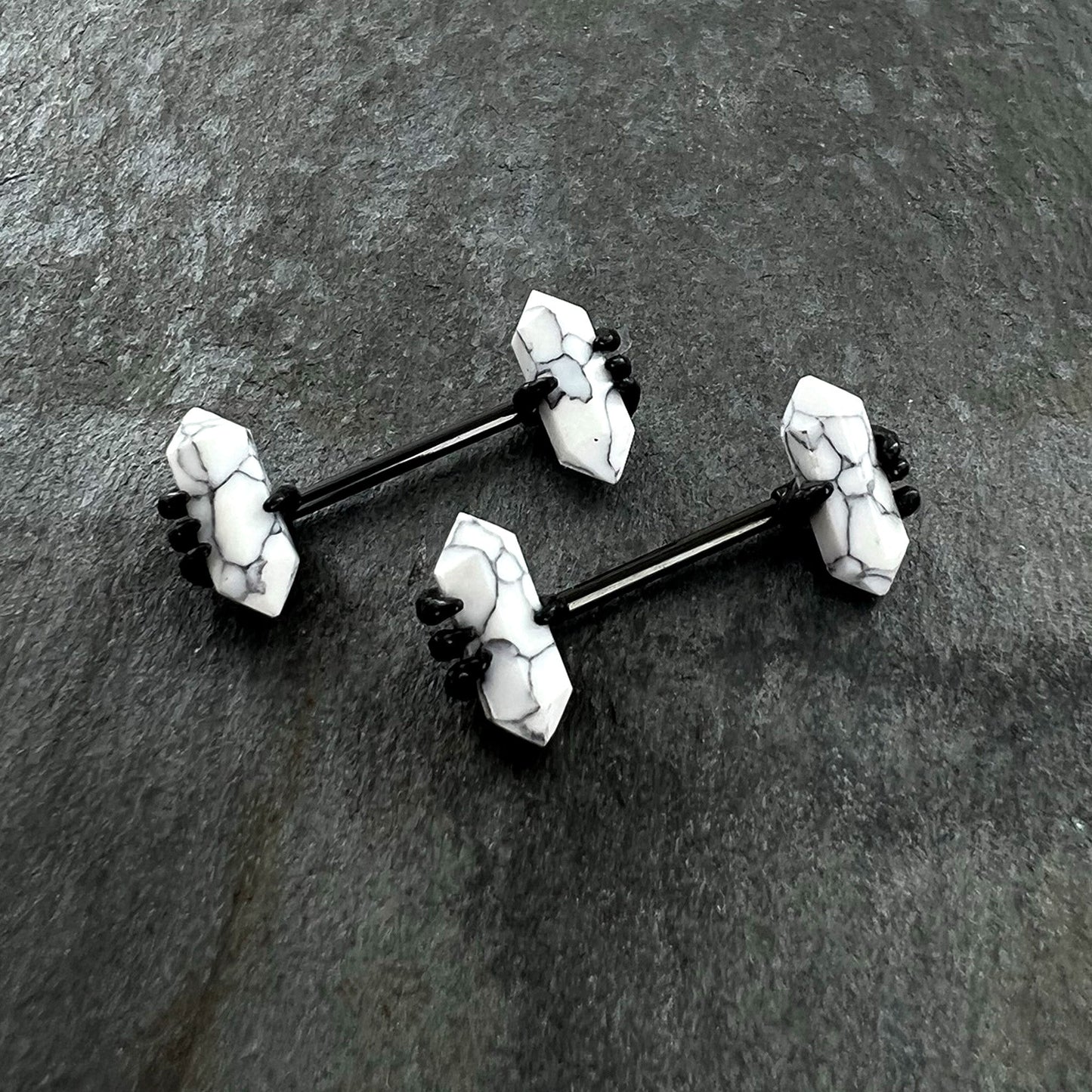 14G 9/16 White Howlite Black Claw Barbell Nipple Ring Set