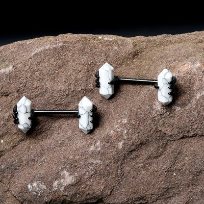 14G 9/16 White Howlite Black Claw Barbell Nipple Ring Set