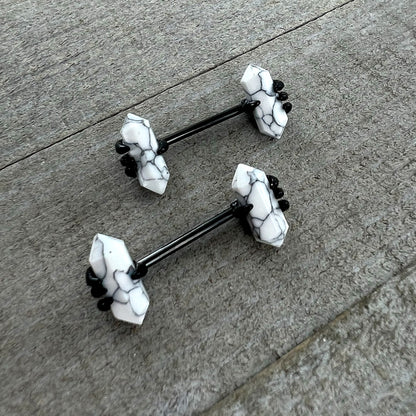 14G 9/16 White Howlite Black Claw Barbell Nipple Ring Set