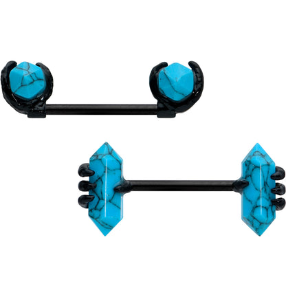 14G 9/16 Blue Turquoise Black Claw Barbell Nipple Ring Set