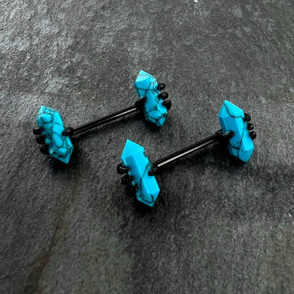 14G 9/16 Blue Turquoise Black Claw Barbell Nipple Ring Set
