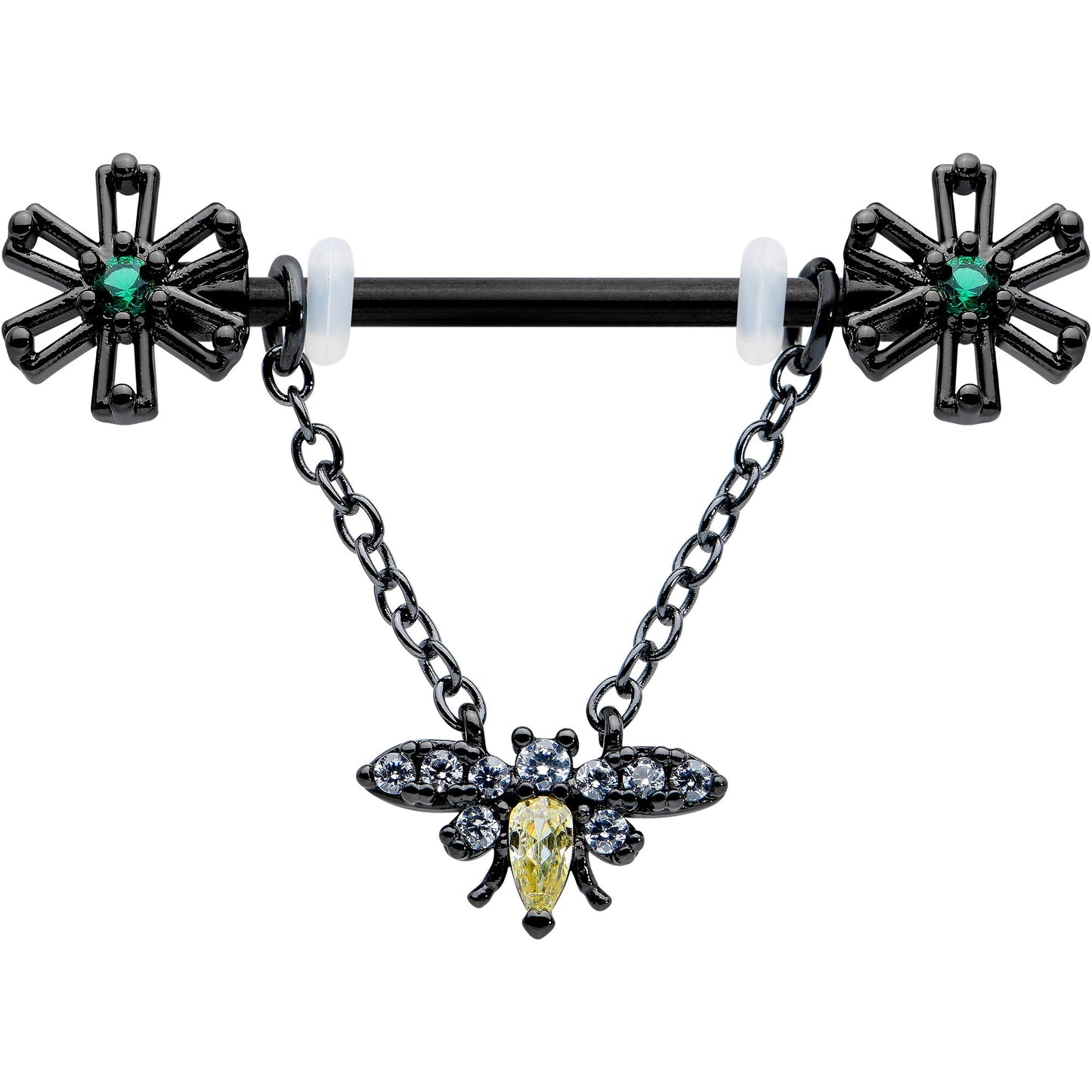 14G 9/16 Yellow Gem Black Butterfly Chain Dangle Nipple Ring Set