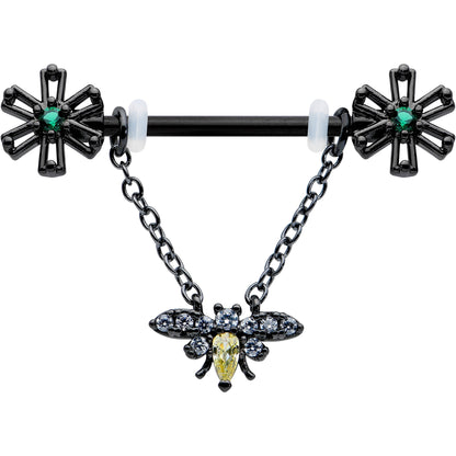 14G 9/16 Yellow Gem Black Butterfly Chain Dangle Nipple Ring Set