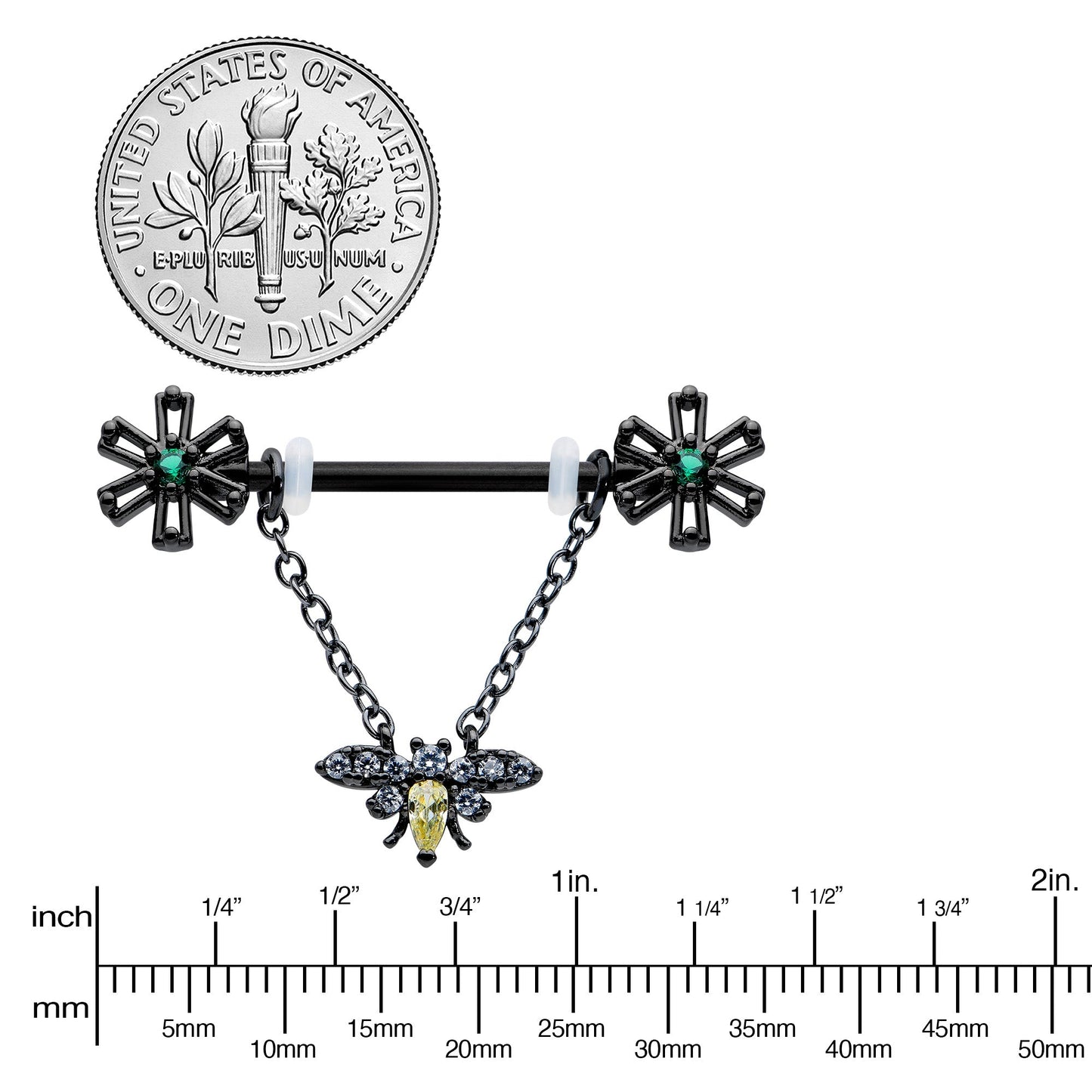 14G 9/16 Yellow Gem Black Butterfly Chain Dangle Nipple Ring Set