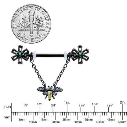 14G 9/16 Yellow Gem Black Butterfly Chain Dangle Nipple Ring Set