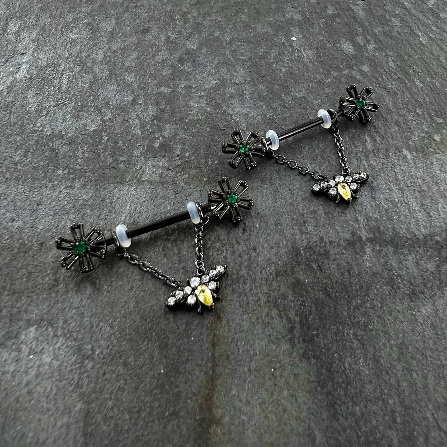 14G 9/16 Yellow Gem Black Butterfly Chain Dangle Nipple Ring Set