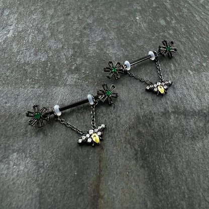 14G 9/16 Yellow Gem Black Butterfly Chain Dangle Nipple Ring Set