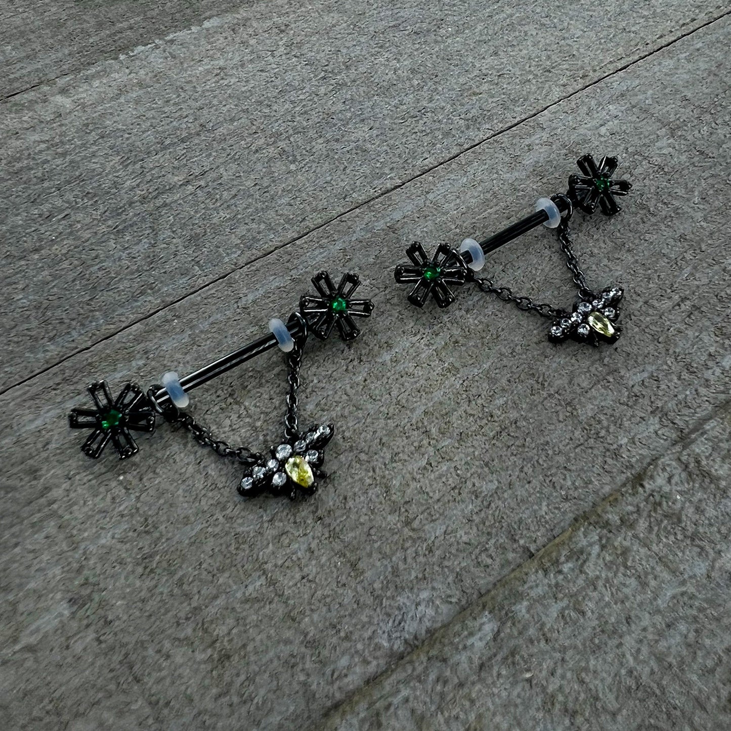 14G 9/16 Yellow Gem Black Butterfly Chain Dangle Nipple Ring Set