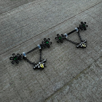 14G 9/16 Yellow Gem Black Butterfly Chain Dangle Nipple Ring Set