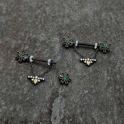 14G 9/16 Yellow Gem Black Butterfly Chain Dangle Nipple Ring Set