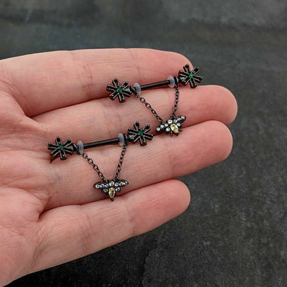 14G 9/16 Yellow Gem Black Butterfly Chain Dangle Nipple Ring Set