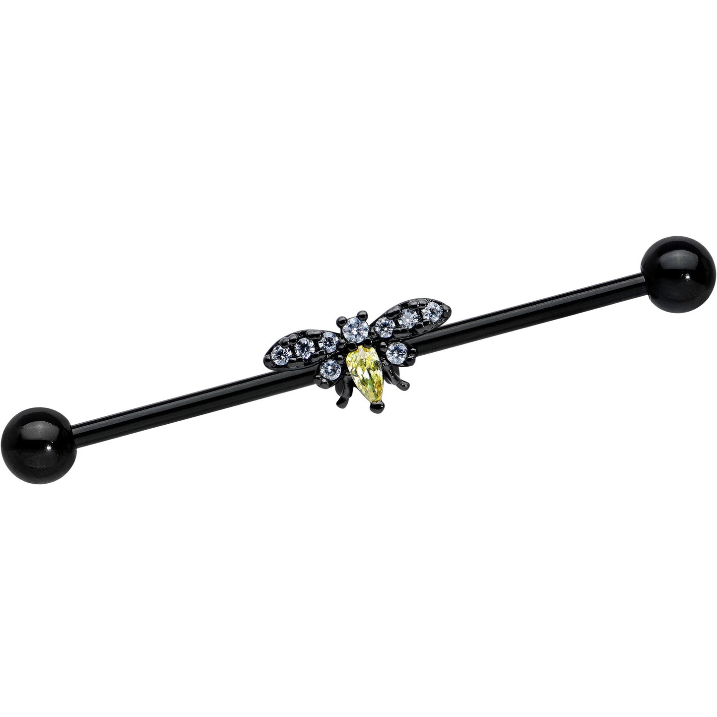 14G Yellow Clear Gem Black Butterfly Industrial Barbell 38mm