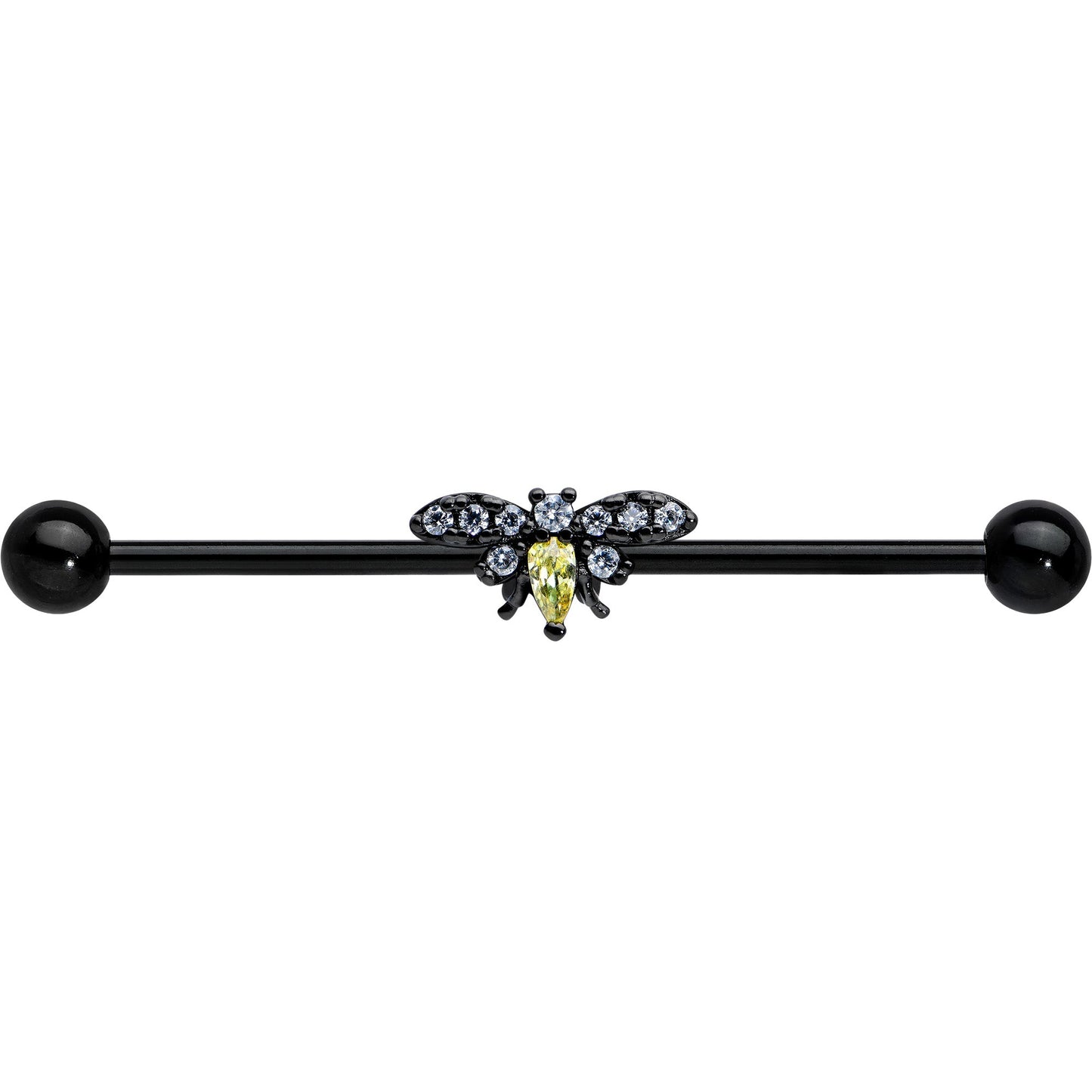 14G Yellow Clear Gem Black Butterfly Industrial Barbell 38mm