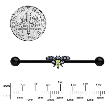 14G Yellow Clear Gem Black Butterfly Industrial Barbell 38mm