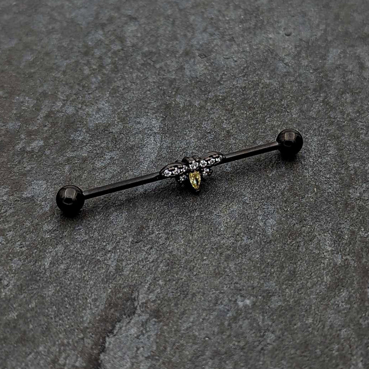 14G Yellow Clear Gem Black Butterfly Industrial Barbell 38mm
