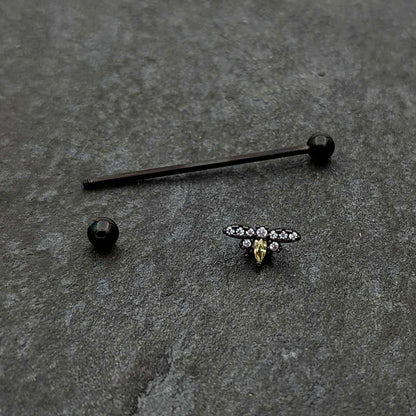 14G Yellow Clear Gem Black Butterfly Industrial Barbell 38mm