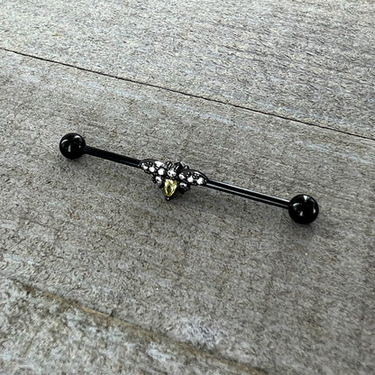 14G Yellow Clear Gem Black Butterfly Industrial Barbell 38mm