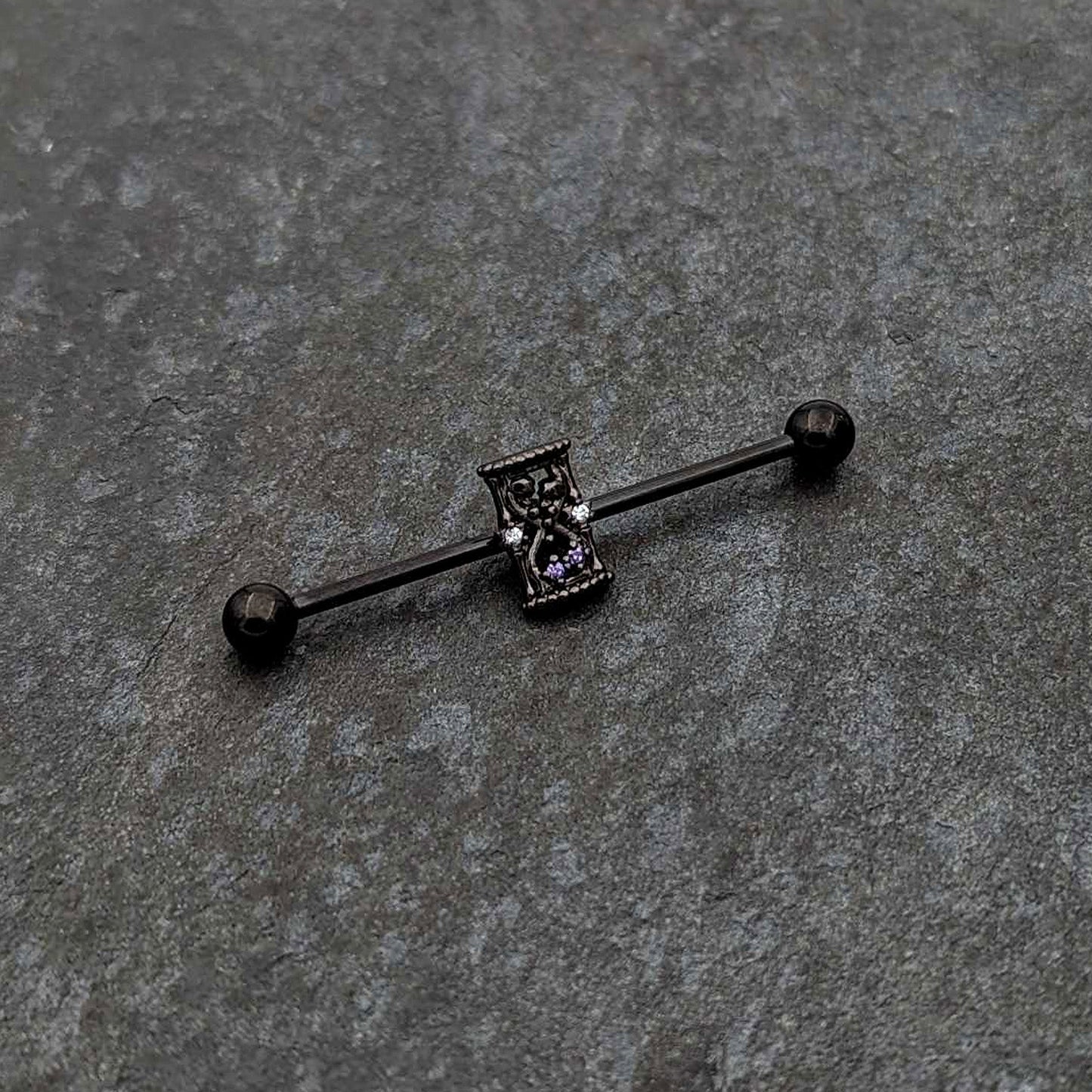 14G Purple Gem Black Gothic Hourglass Industrial Barbell 38mm