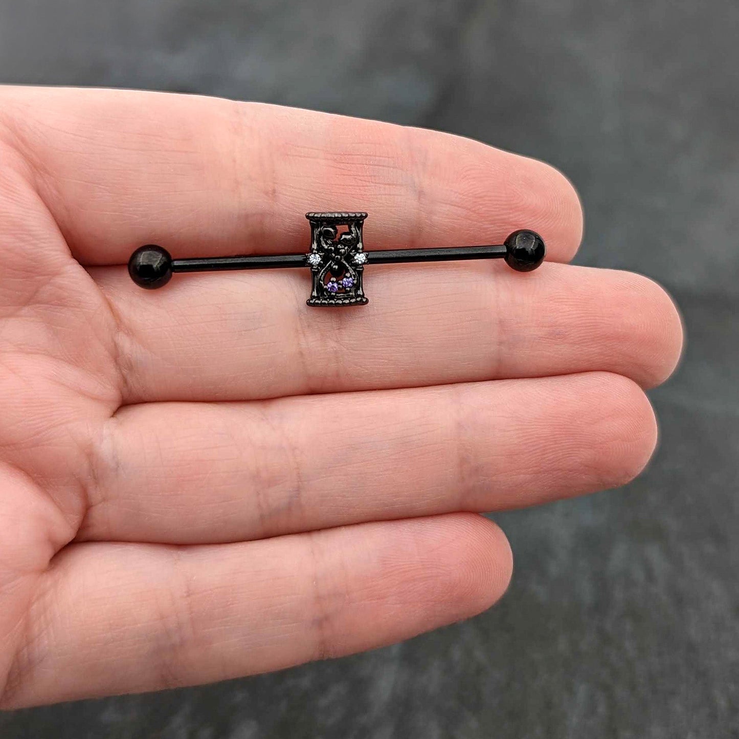 14G Purple Gem Black Gothic Hourglass Industrial Barbell 38mm