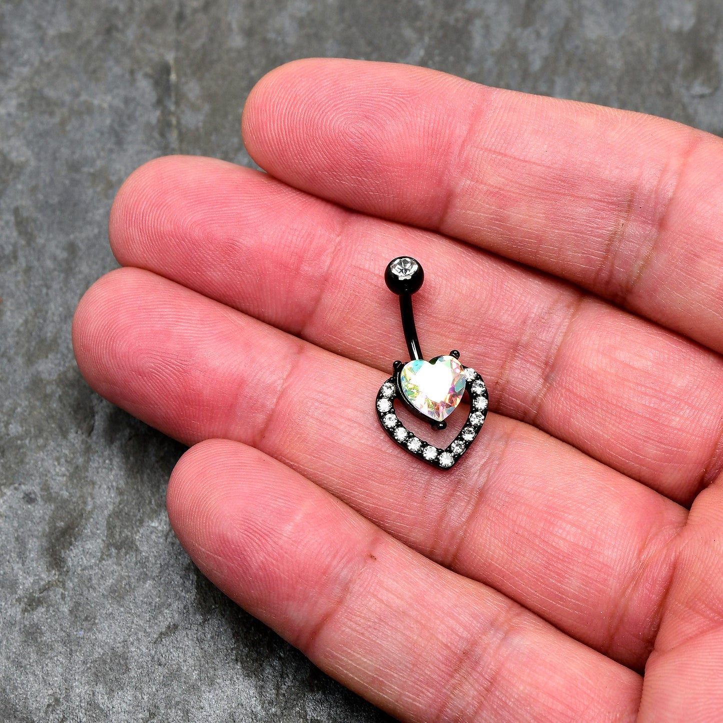 Clear Aurora Gem Black Rococo Hearts Belly Ring