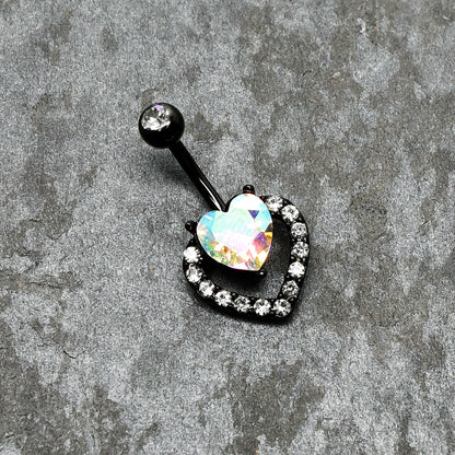 Clear Aurora Gem Black Rococo Hearts Belly Ring