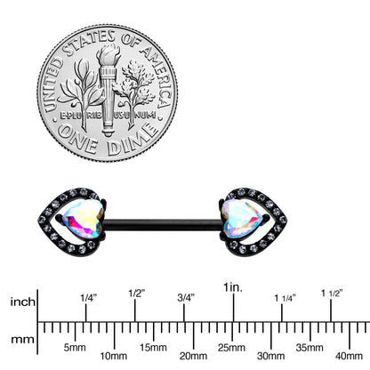 14 G 9/16 Aurora Gem Black Rococo Heart Barbell Nipple Ring Set