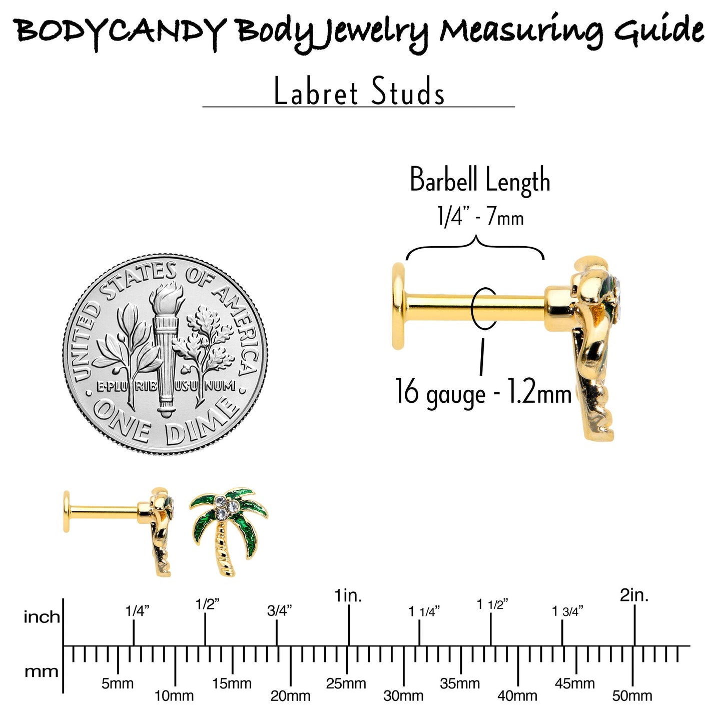 16G 1/4 Clear Gem Gold Tone Palm Tree Style Labret