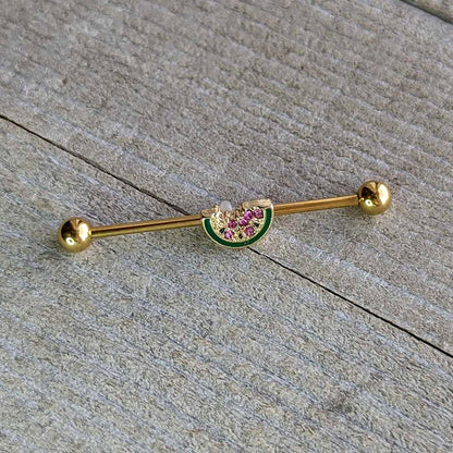 14G Gold Tone Watermelon Bite Industrial Barbell 38mm