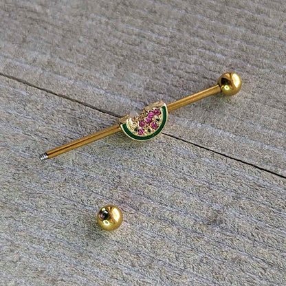 14G Gold Tone Watermelon Bite Industrial Barbell 38mm