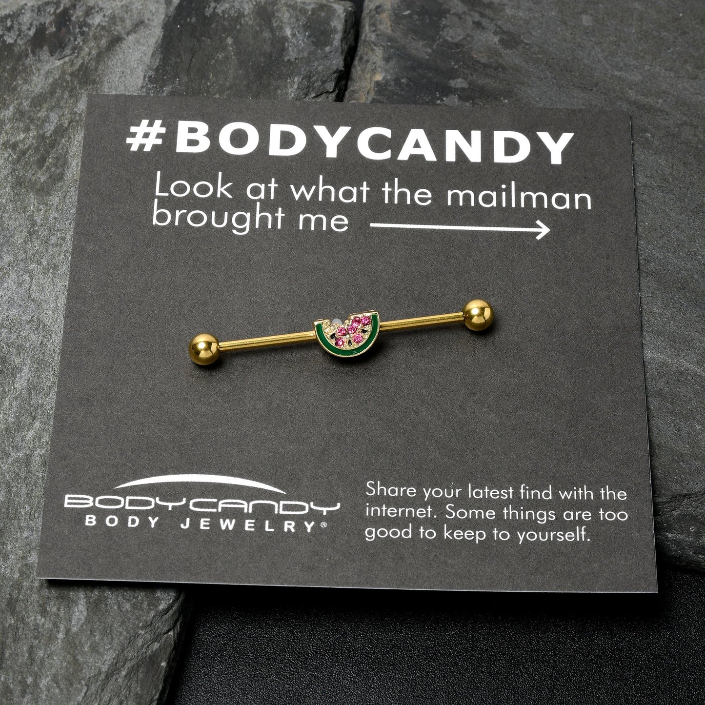 14G Gold Tone Watermelon Bite Industrial Barbell 38mm