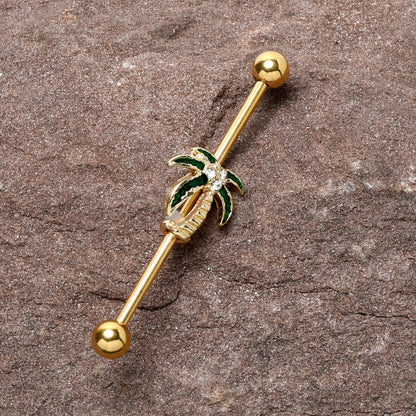 14G Clear Gem Gold Tone Palm Tree Style Industrial Barbell 38mm