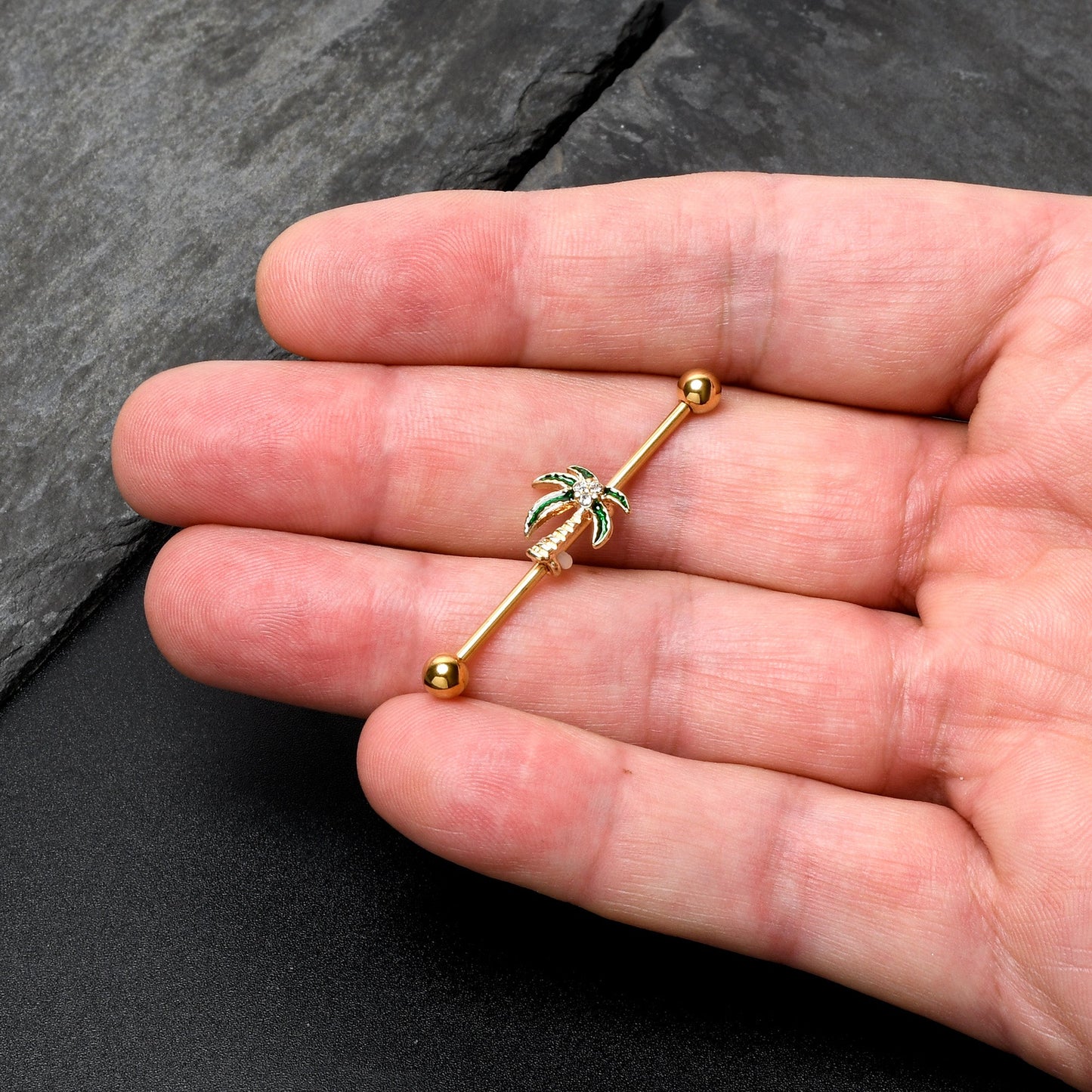 14G Clear Gem Gold Tone Palm Tree Style Industrial Barbell 38mm